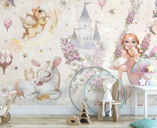 Magical Castle and Unicorns Wall Mural