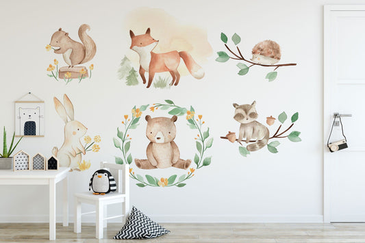 Forest Animals Nursery Wall Decal Sticker, Woodland Animals Wall Art, Watercolor Wall decal for kids
