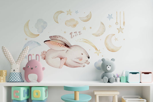 Fabric Wall Decal, Bunnies fishing Stars, Nursery wall decal, Watercolor decal, Kids wall art, Bunny wall decals, Wall decal