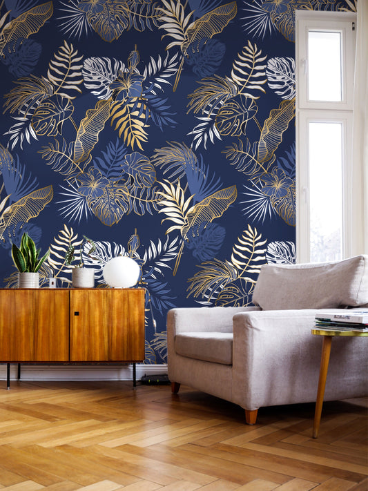 Metallic Leaves Wallpaper | Removable Wallpaper | Peel and Stick Wallpaper | Wall Paper | Wall Mural