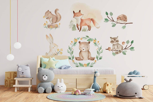 Watercolor forest animals nursery wall decal sticker, woodland animals wall art, watercolor wall decal for kids for nursery and home wall decor.
