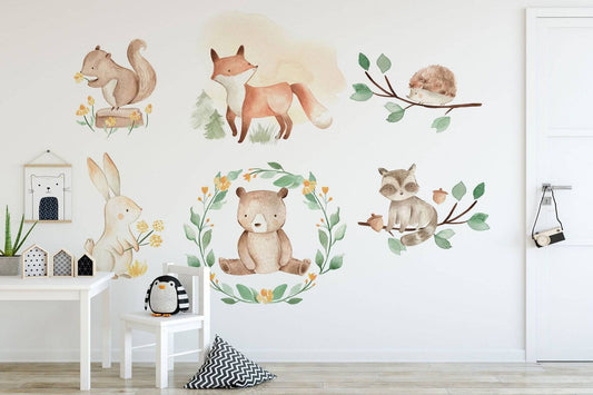 Watercolor forest animals nursery wall decal sticker, woodland animals wall art, watercolor wall decal for kids for nursery and home wall decor.