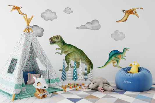Watercolor dino world wall decal, watercolor decal set, nursery, peel and stick, nursery wall sticker for nursery and home wall decor.