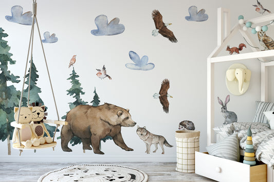 Watercolor forest animals wall decal, watercolor decal set, nursery, peel and stick, nursery wall sticker for nursery and home wall decor.