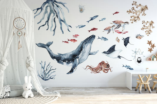 Watercolor sea world wall decal, watercolor decal set, nursery, peel and stick, nursery wall sticker for nursery and home wall decor.