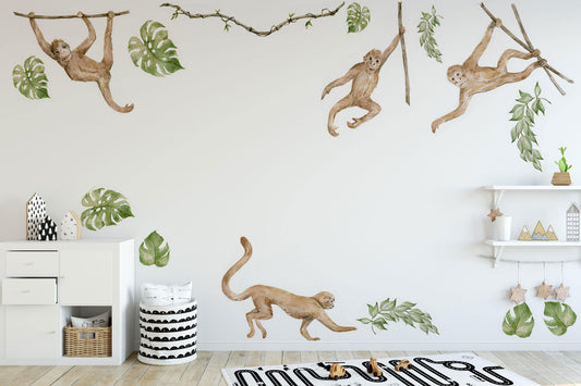 Watercolor safari animals wall decal | nursery wall decal | jungle animals | tropical monkey wall stickers | wall decal for kids for nursery and home wall decor.