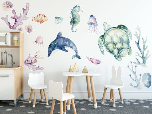 Watercolor ocean 2 wall decal, watercolor decal set, nursery, peel and stick, nursery wall sticker for nursery and home wall decor.