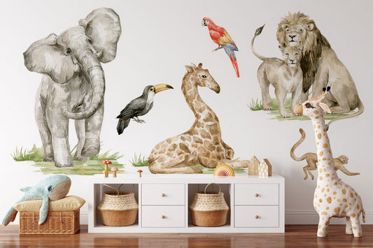 Watercolor jungle animals | safari animals wall decal | nursery wall decal | tropical monkey wall stickers | wall decal for kids for nursery and home wall decor.