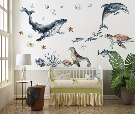 Watercolor ocean animals wall decal for kids and nursery, sticker set, dolphin, turtle, whale, fishes, seal,  corals, watercolour,  ocean life for nursery and home wall decor.