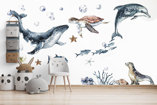 Watercolor ocean animals wall decal for kids and nursery, sticker set, dolphin, turtle, whale, fishes, seal,  corals, watercolour,  ocean life for nursery and home wall decor.