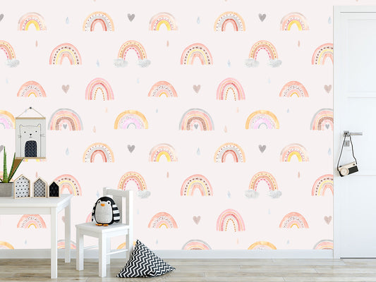 Watercolor Rainbow Rain Clouds Hearts Wallpaper Rainbow Wallpaper Self Adhesive Peel & Stick Wall Decor Minimalistic Scandinavian Removable