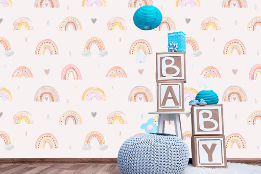 Watercolor Rainbow Rain Clouds Hearts Wallpaper Rainbow Wallpaper Self Adhesive Peel & Stick Wall Decor Minimalistic Scandinavian Removable