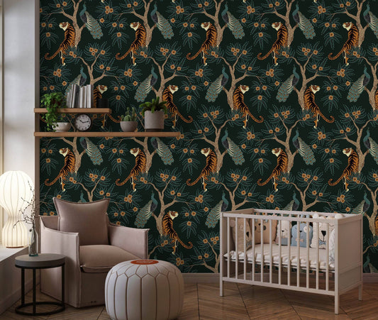 Tiger in the Woods Self Adhesive Wallpaper, Exotic Print, Removable Wallpaper, Peel & Stick wallpaper, Trending design 2022, Wall decor