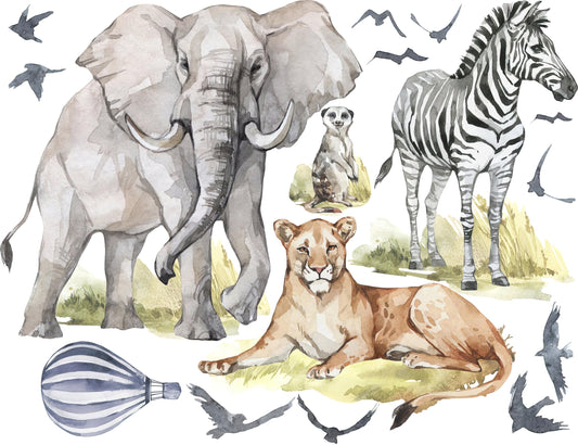 Watercolor big animal watercolor wall decal set for kids, removable cute safari animals, lion, elephant nursery stickers, peel and stick 2 for nursery and home wall decor.