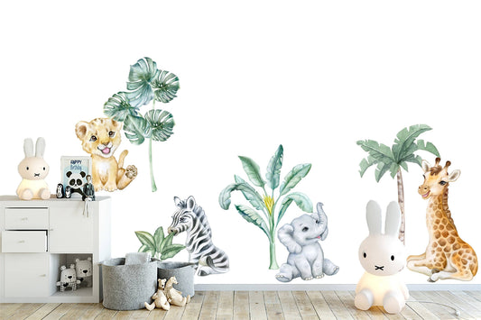 Watercolor cute safari animals wall decal for kids, removable peel and stick wall decals, african animals wall sticker, nursery wall decals for nursery and home wall decor.