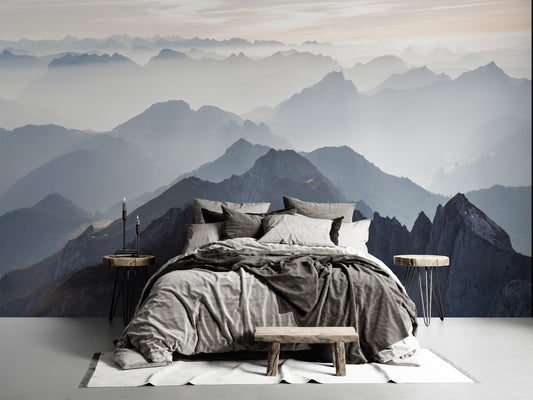 Watercolor mystical mountains mural peel and stick for nursery and home wall decor.