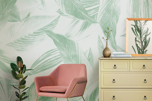Watercolor elegant leaves tropical wallpaper floral wall mural ... for nursery and home wall decor.