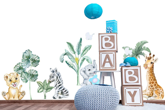 Watercolor cute safari animals wall decal for kids, removable peel and stick wall decals, african animals wall sticker, nursery wall decals for nursery and home wall decor.