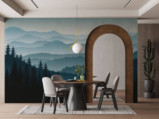 Mountain Mural, Misty Mountain Wallpaper Foggy Mountain Silhouette Wall Mural Blue Ombre Wall Decal Hill Wall Covering Wallpaper