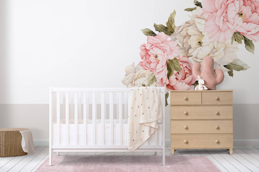 Watercolor soft pink peony wall decal set made from removable peel and stick wallpaper material, flower wall decals for nursery decor, peony flowers for nursery and home wall decor.