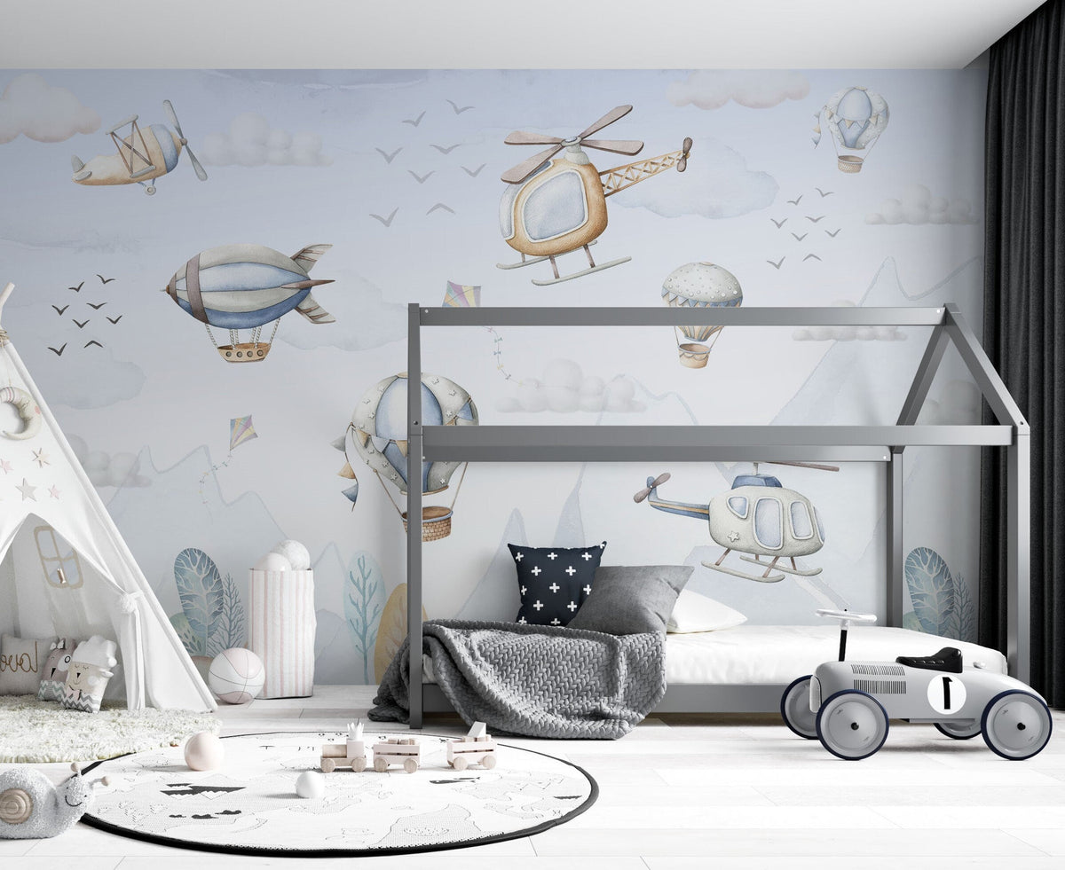 Hot Air Balloon Wallpaper, Planes and Helicopters Wallpaper - Unique Wall Decal by Wonderwallsboutique