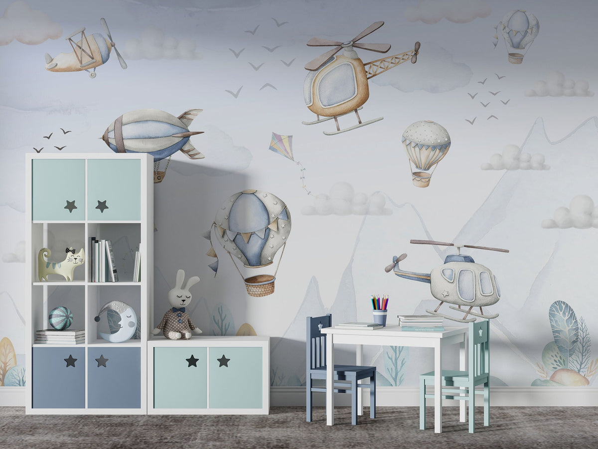 Hot Air Balloon Wallpaper, Planes and Helicopters Wallpaper - Unique Wall Decal by Wonderwallsboutique