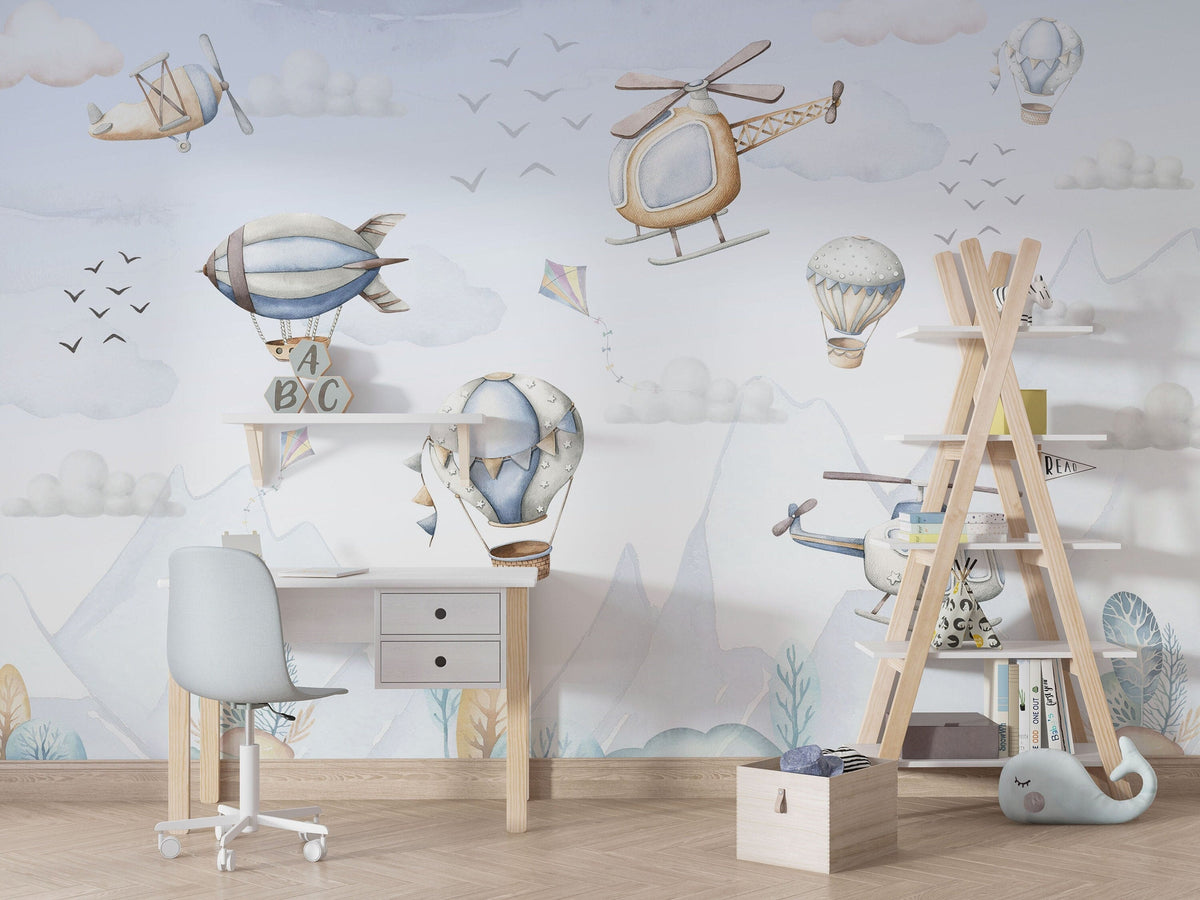 Hot Air Balloon Wallpaper, Planes and Helicopters Wallpaper - Unique Wall Decal by Wonderwallsboutique