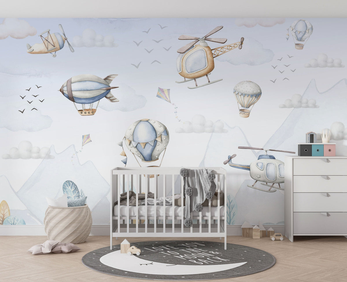 Hot Air Balloon Wallpaper, Planes and Helicopters Wallpaper - Unique Wall Decal by Wonderwallsboutique