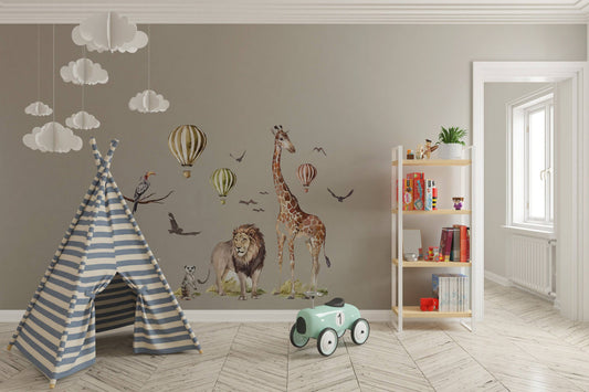 Watercolor big animal watercolor wall decal set for kids, removable cute safari animals, lion, elephant nursery stickers, peel and stick for nursery and home wall decor.