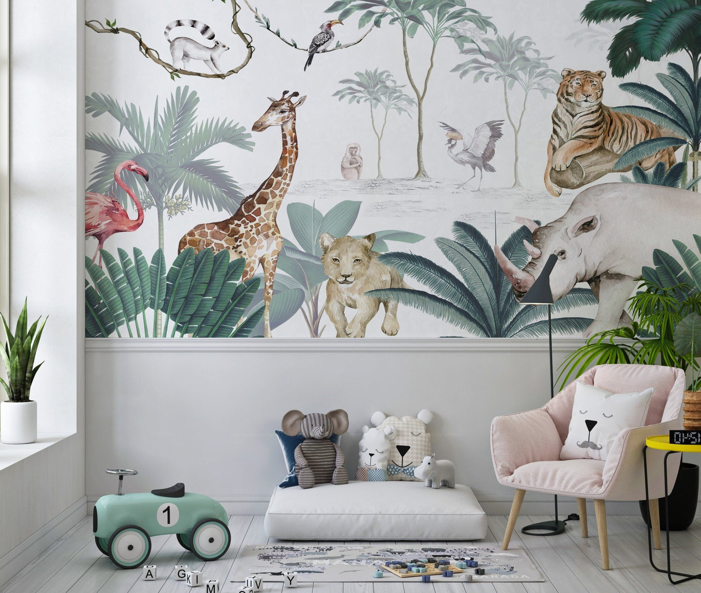 Safari Wallpaper with exotic animals, flamingo, giraffe, jungle, monkey, tropical