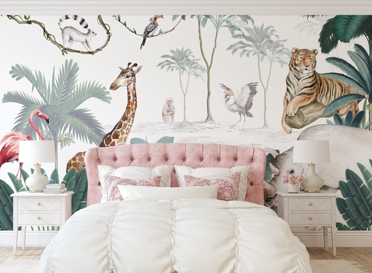 Safari Wallpaper with exotic animals, flamingo, giraffe, jungle, monkey, tropical