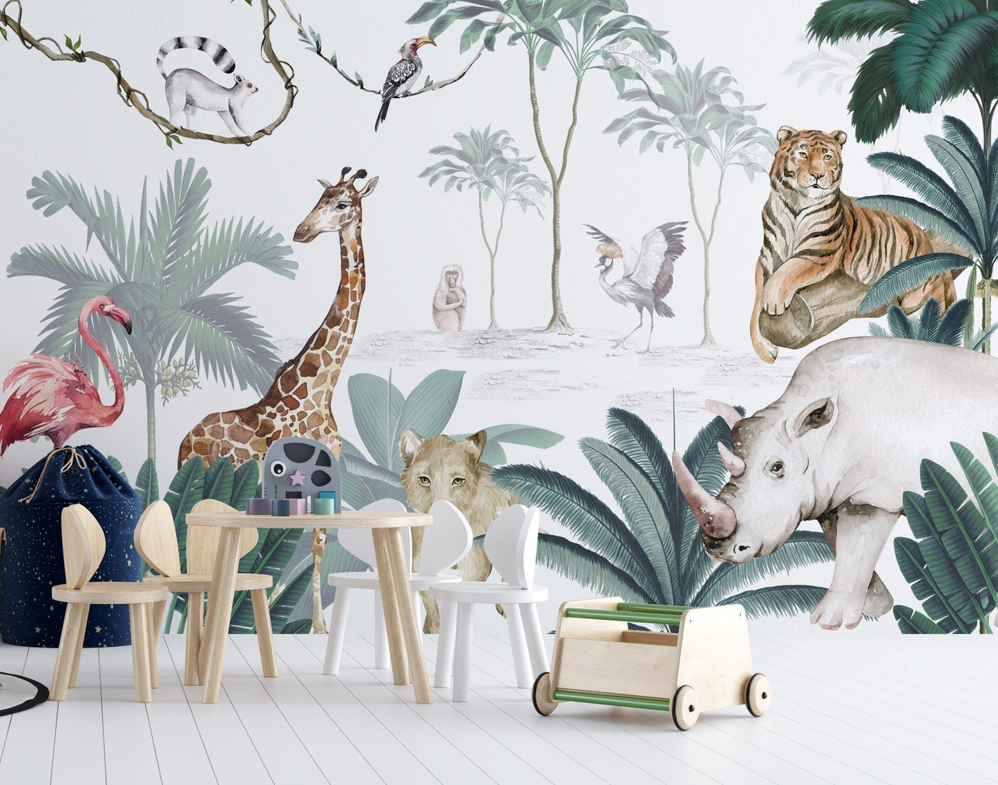 Safari Wallpaper with exotic animals, flamingo, giraffe, jungle, monkey, tropical