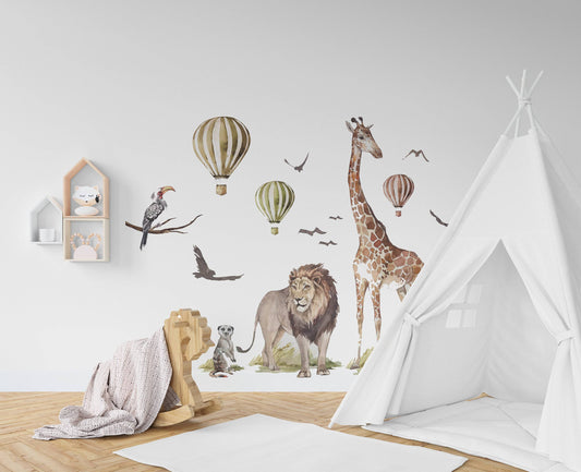 Watercolor big animal watercolor wall decal set for kids, removable cute safari animals, lion, elephant nursery stickers, peel and stick for nursery and home wall decor.