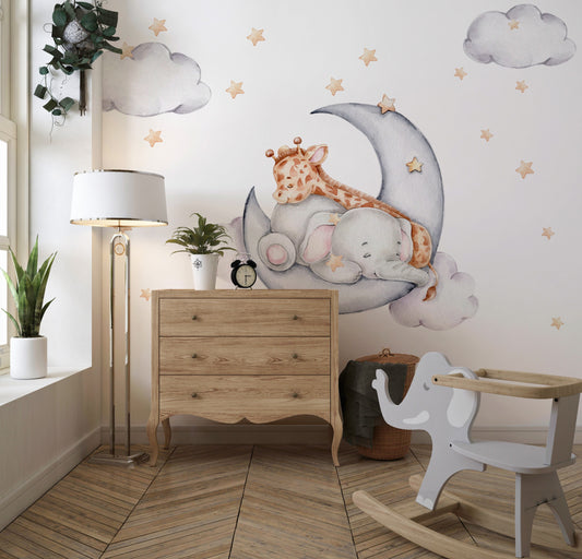 Watercolor elephant and giraffe on the moon wall decal children's room wall sticker sticker sticker with stars crescent elephant baby room for nursery and home wall decor.