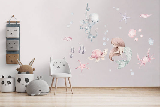Watercolor mermaid wall decal, watercolor decal set, nursery, peel and stick, nursery wall sticker, mermaid decoration for nursery and home wall decor.
