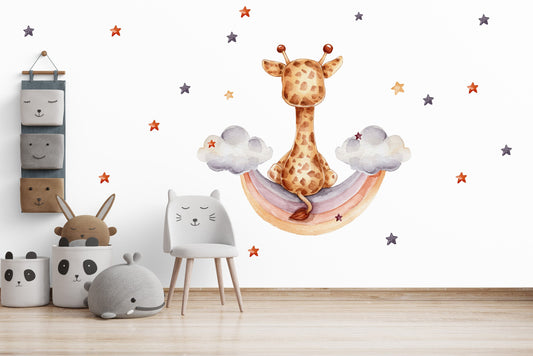 Watercolor giraffe on the rainbow clouds wall decal children's room wall sticker sticker sticker with stars crescent elephant baby room for nursery and home wall decor.