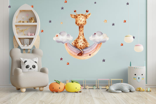 Watercolor giraffe on the rainbow clouds wall decal children's room wall sticker sticker sticker with stars crescent elephant baby room for nursery and home wall decor.