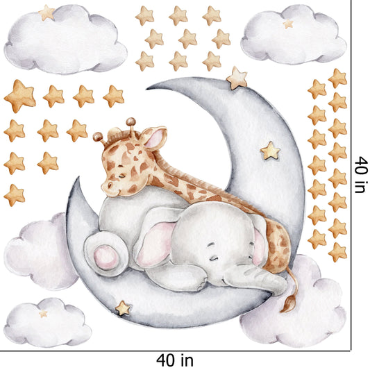Watercolor elephant and giraffe on the moon wall decal children's room wall sticker sticker sticker with stars crescent elephant baby room for nursery and home wall decor.