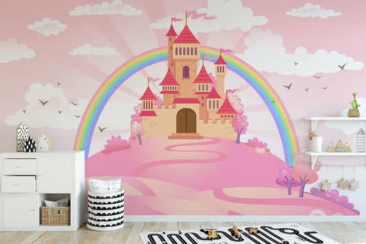 Watercolor princesses house  wallpaper peel and stick for nursery and home wall decor.