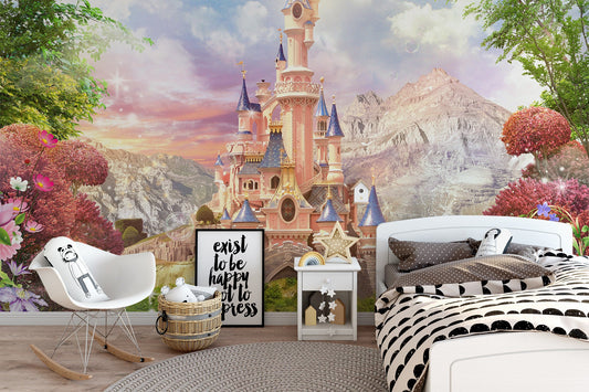 Watercolor pink princesses castle wallpaper peel and stick for nursery and home wall decor.