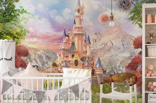 Watercolor pink princesses castle wallpaper peel and stick for nursery and home wall decor.