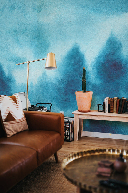 Watercolor forest ombre mist wallpaper peel and stick for nursery and home wall decor.
