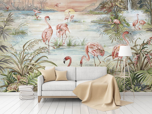 Flamingo Wall Mural | Tropical Peel and Stick Wallpaper | Self-Adhesive Jungle Wallpaper | Removable Nursery Wall Covering