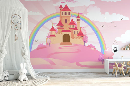 Watercolor princesses house  wallpaper peel and stick for nursery and home wall decor.