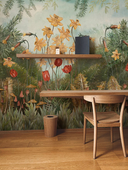 Watercolor garden plants and flowers wallpaper peel and stick for nursery and home wall decor.