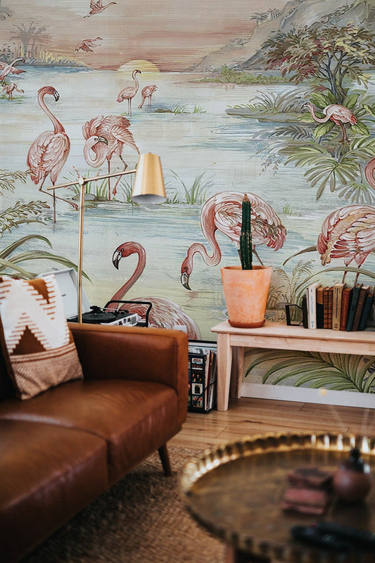 Flamingo Wall Mural | Tropical Peel and Stick Wallpaper | Self-Adhesive Jungle Wallpaper | Removable Nursery Wall Covering