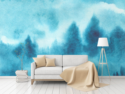Watercolor forest ombre mist wallpaper peel and stick for nursery and home wall decor.