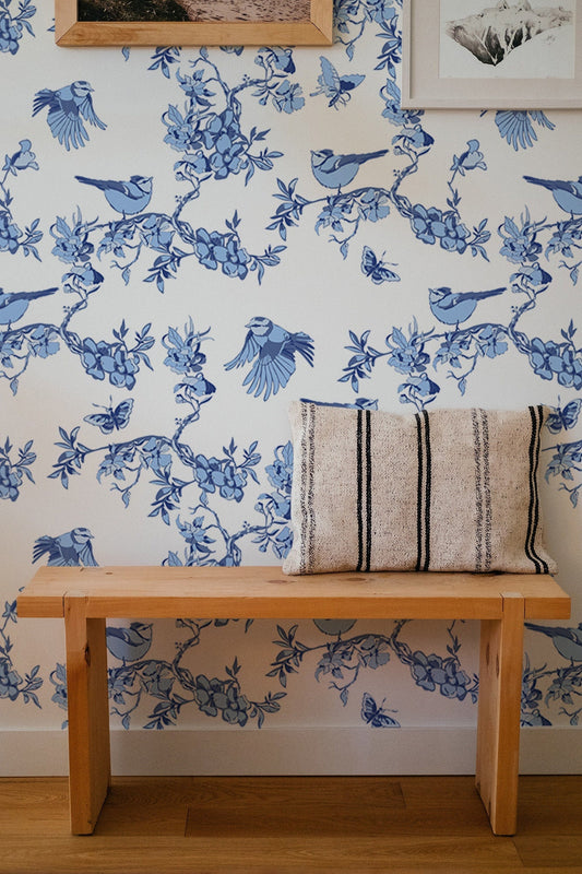 Watercolor blue birds and flowers wallpaper peel and stick for nursery and home wall decor.