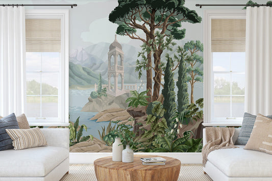 Watercolor forest landscape rainforest wallpaper peel and stick for nursery and home wall decor.
