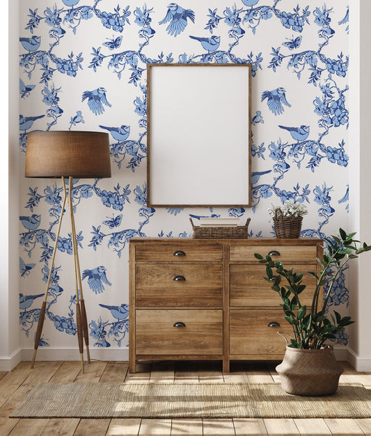 Watercolor blue birds and flowers wallpaper peel and stick for nursery and home wall decor.